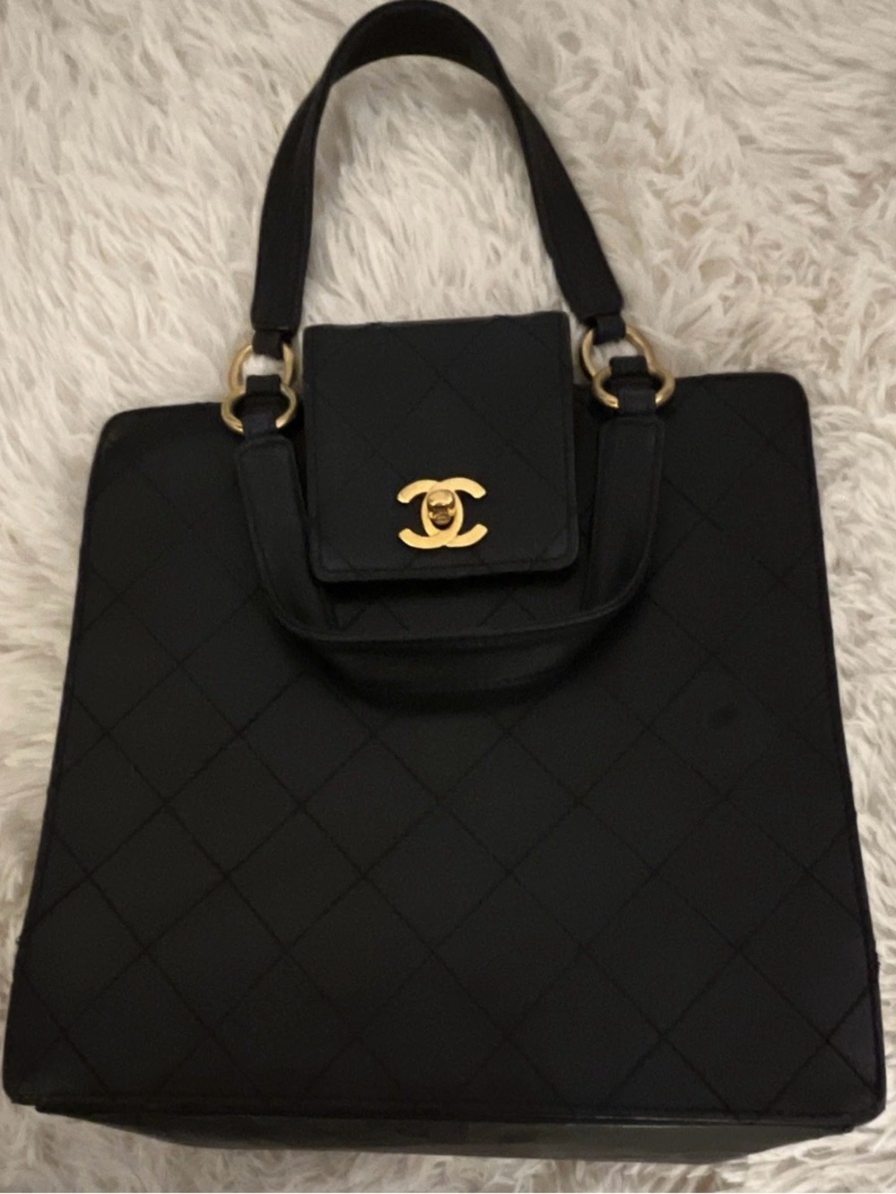 CHANEL Black Quilted Tote Top Handle Zip Gold CC Logo w/ COA